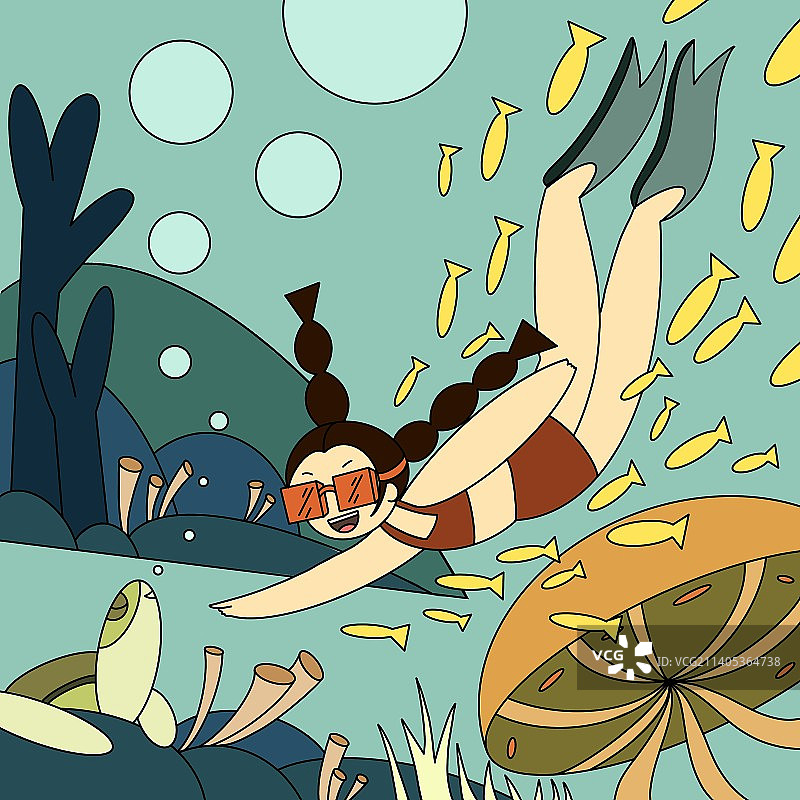 线条风潜水海底世界场景插画图片素材