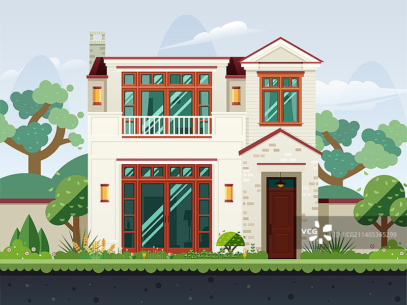 扁平风两层独立小洋楼住宅房屋建筑户外自然风景插画图片素材