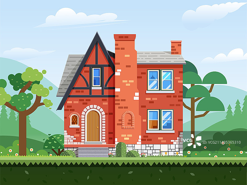 扁平风乡村独栋别墅住宅房屋建筑户外自然风景插画图片素材