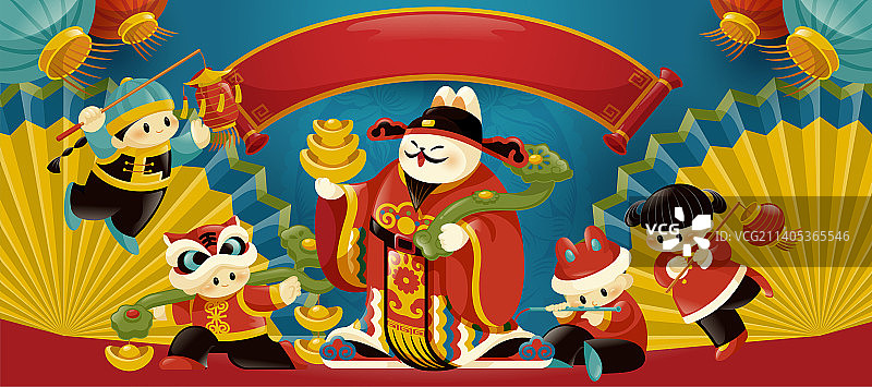 兔年春节财神爷招财童子创意插画图片素材
