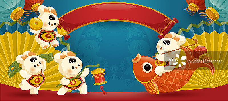 兔年招财童子和中式背景图片素材
