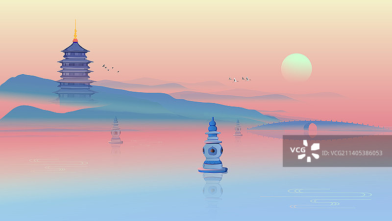 傍晚的杭州西湖和雷峰塔插画图片素材