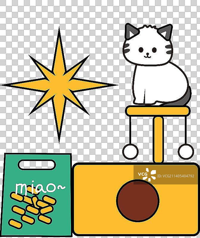 一只猫咪在猫架上旁边有一袋猫粮扁平风格元素图片素材