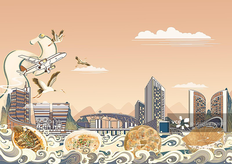 合肥城市地标建筑国风美食插画图片素材