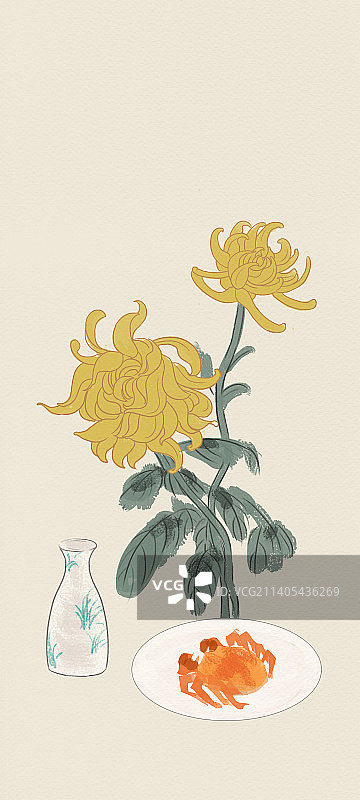 中国风新中式古风节气菊花螃蟹美食食物插画图片素材