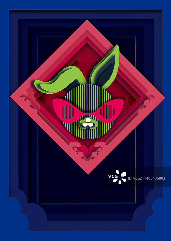 AI剪纸风生肖潮牌兔互补色撞色主题矢量插画挂画相框图片素材