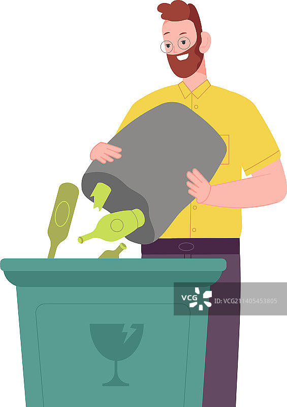 男人扔垃圾，将玻璃废品扔进垃圾桶图片素材