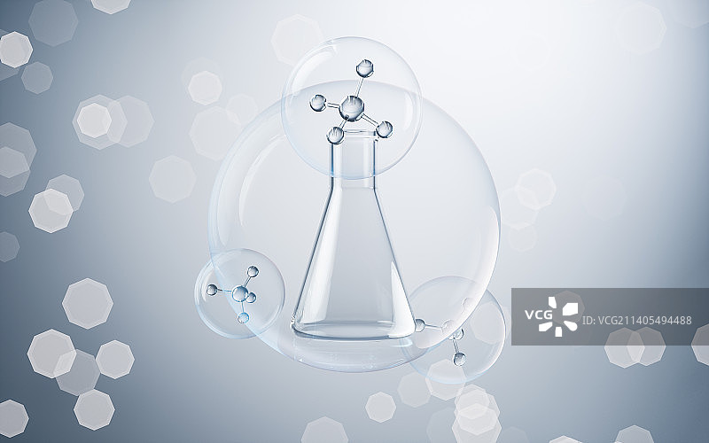 透明分子与蓝色背景3D渲染图片素材