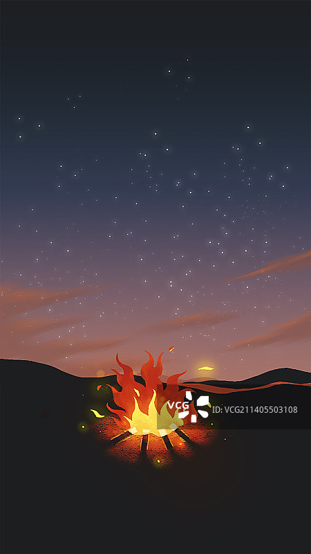 落日篝火风景插画图片素材