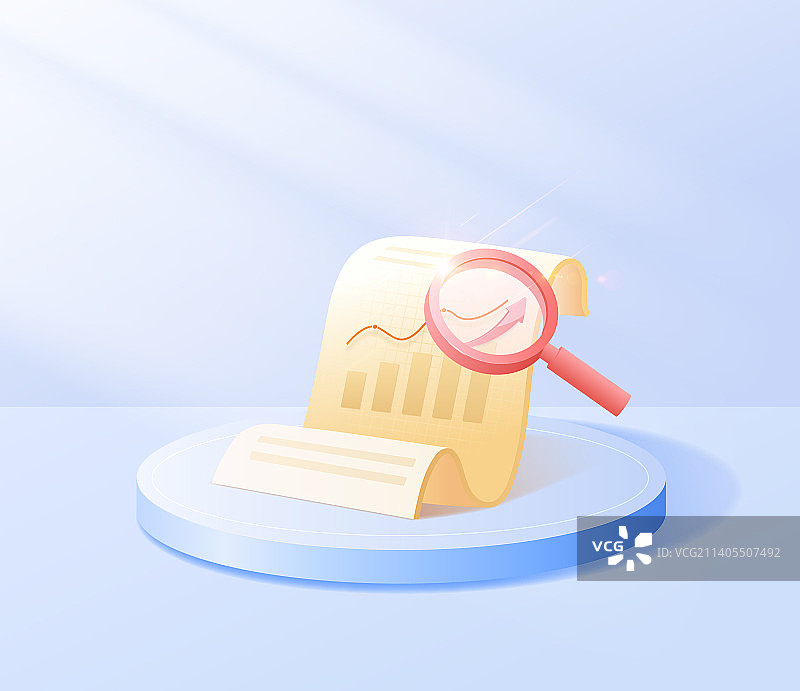 业绩放大镜 2.5d矢量元素银行保险金融箭头金币蓝色质感背景圆台柱子图片素材