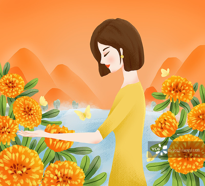 化妆品包装扁平肌理插画少女金盏花橙色清新图片素材