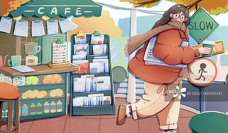 冬季城市女孩印刷风扁平插画图片素材