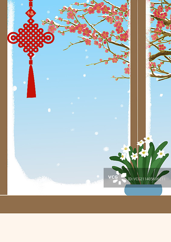 冬季下雪有中国结的窗图片素材