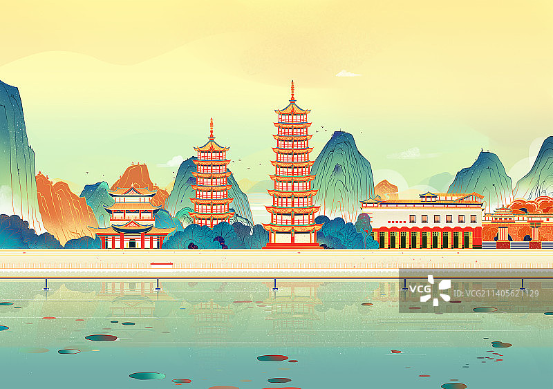 国潮城市插画桂林山水图片素材