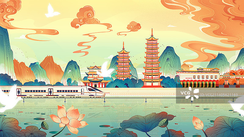 国潮城市插画桂林山水图片素材