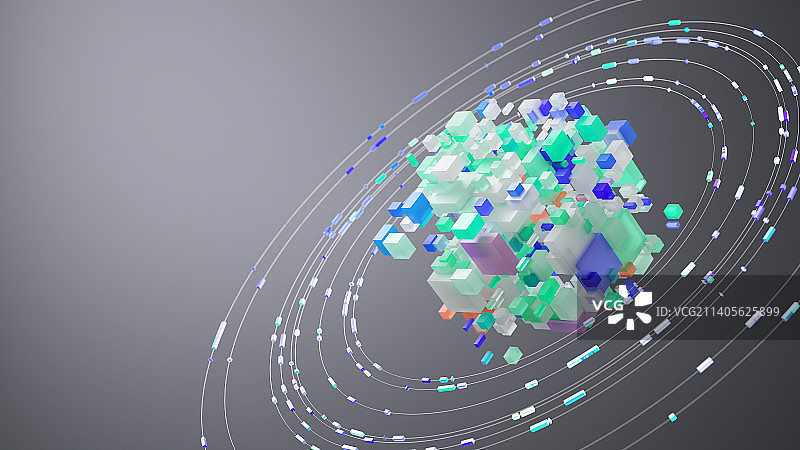 三维渲染的数据流和科技方块芯片图片素材