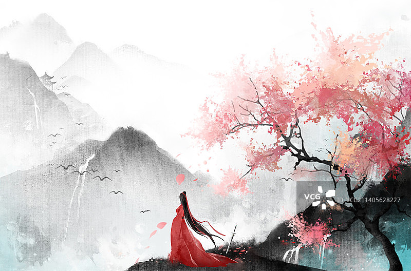 古风写意风景场景水墨风山水红衣女子凤华图片素材