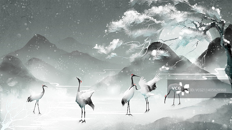 古风写意山水雪景清鹤图图片素材