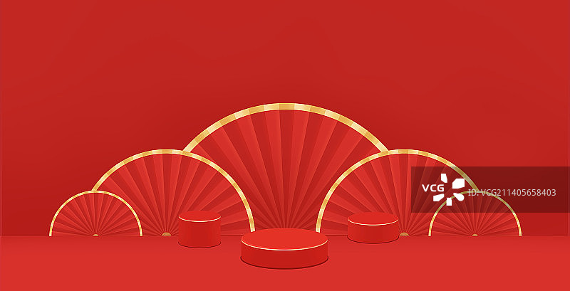 红金扇子电商商品展台，几何图形组合场景图，中国风年货节春节新年双十一双十二金融传统展台背景小年元旦图片素材