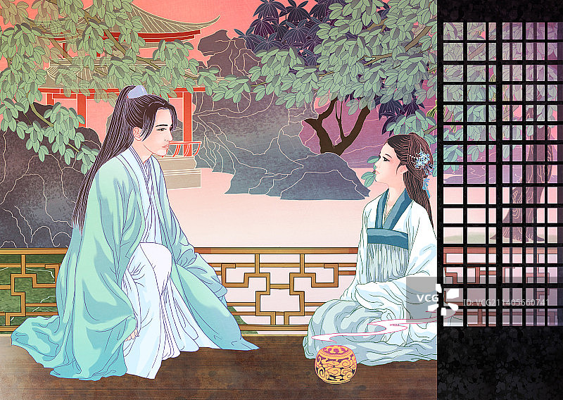 中国国风国潮汉服少女美女背景插画横版图片素材