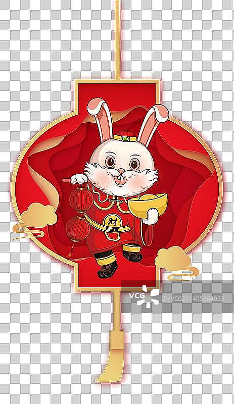 中国传统节日春节兔年新年红色剪纸风格插画图片素材