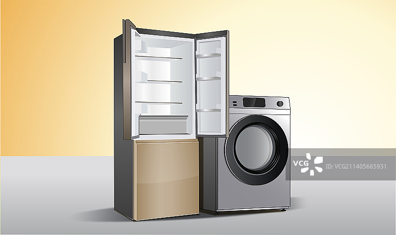 现代室内厨房橱柜家用电器大家电小家电插画图片素材