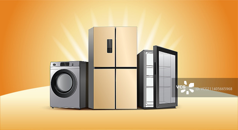 现代室内厨房橱柜家用电器大家电小家电插画图片素材