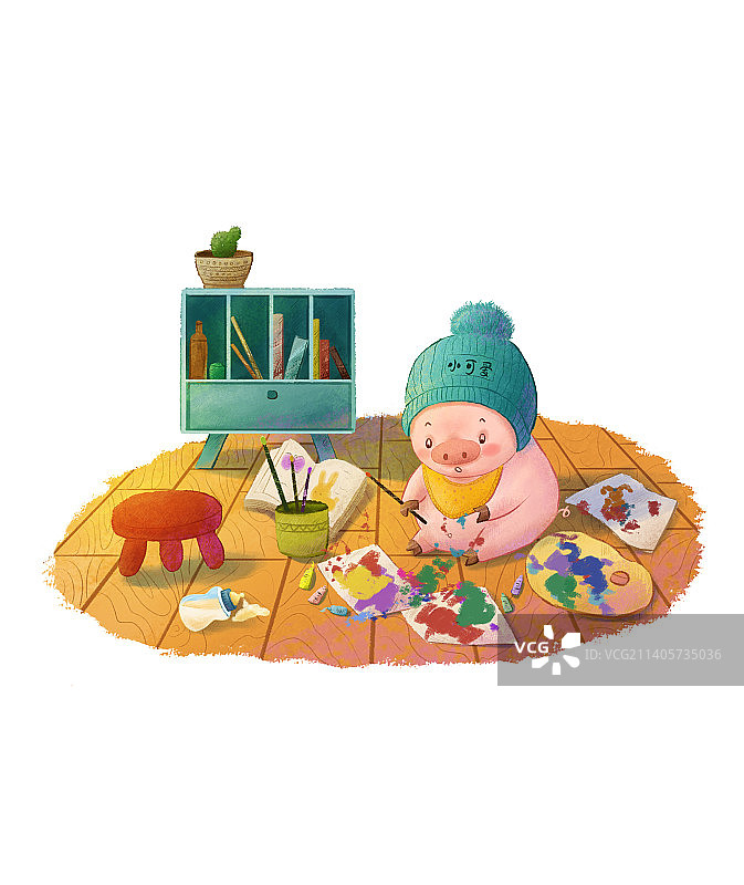 扁平肌理小猪画画图片素材