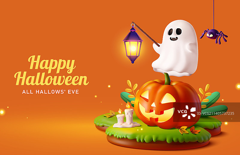 橘色三维万圣节横幅海报 幽灵与南瓜灯龙图片素材