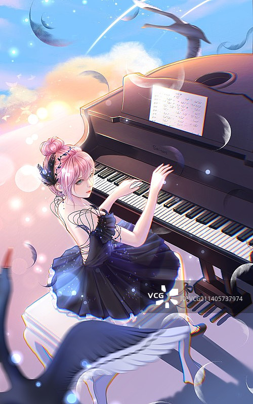 插画弹钢琴的少女与天鹅图片素材