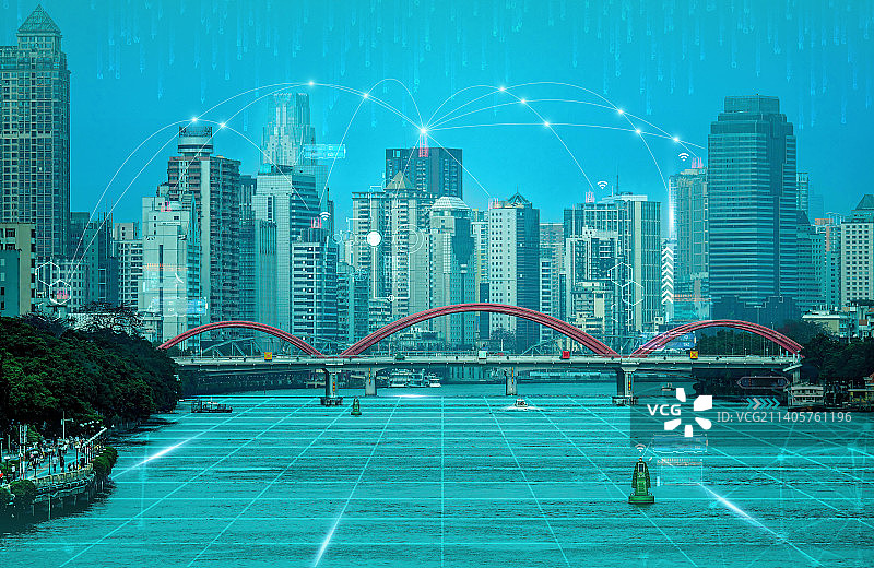 利用人工智能技术控制城市自动化系统包括自动驾驶云数据传输物联网物流区块链赛博朋克智慧城市广州珠江生态图片素材