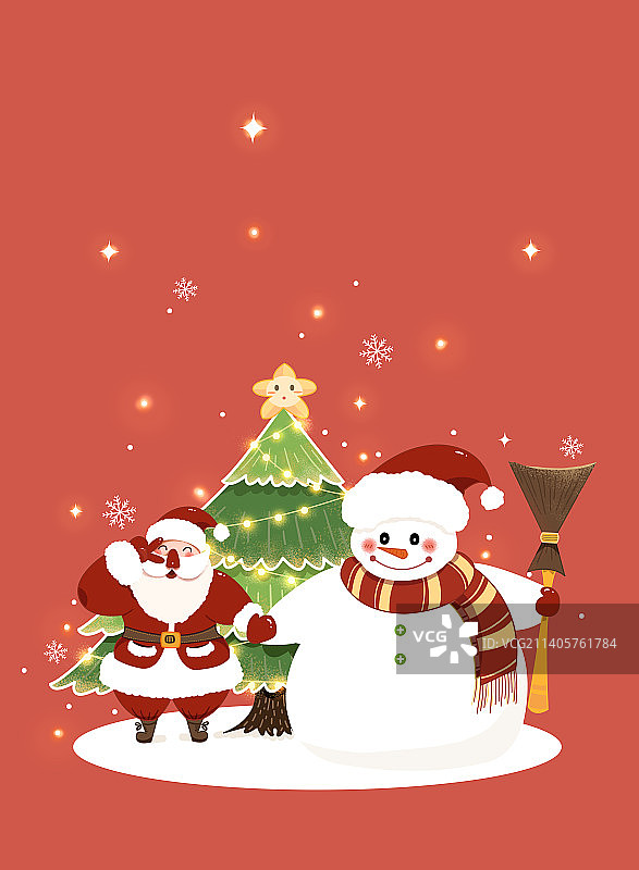 圣诞老人和雪人站在圣诞树前图片素材