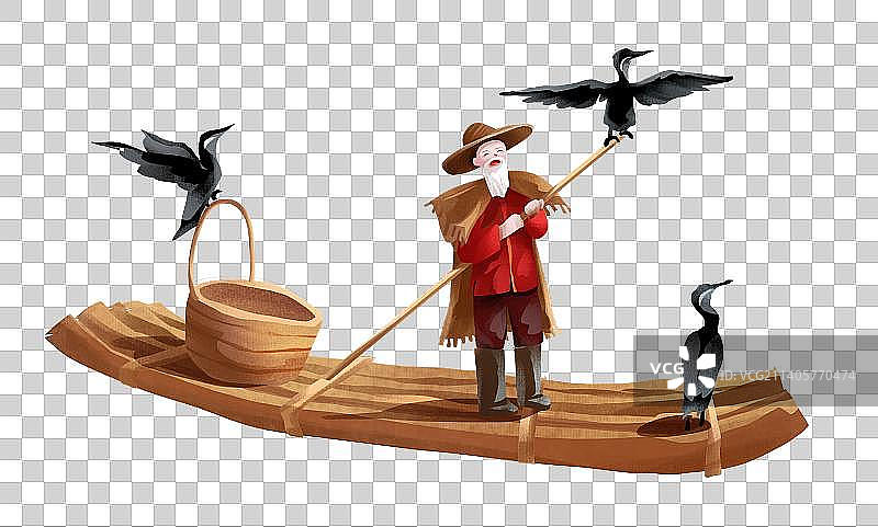 老渔民撑着竹筏捕鱼图片素材