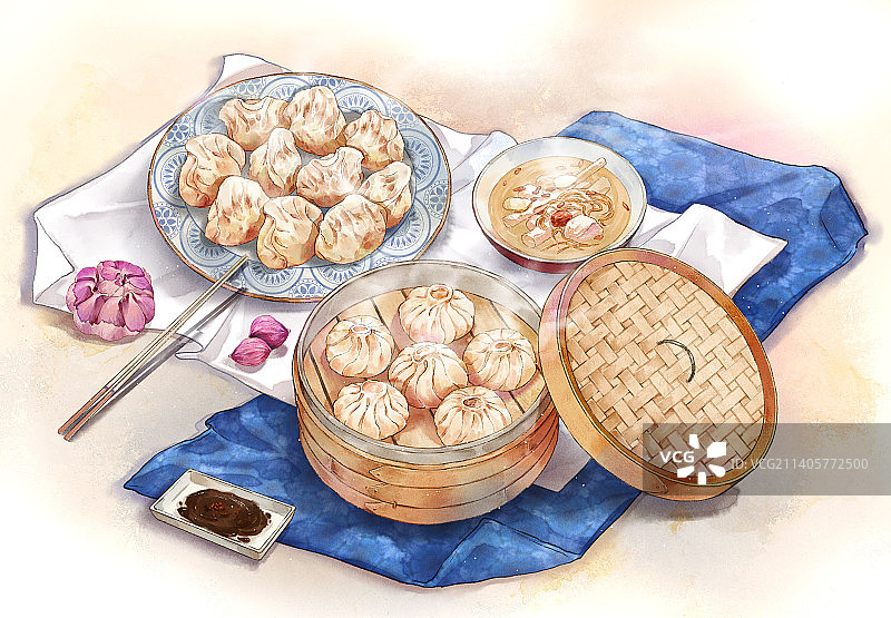 小笼包和饺子-传统食物插画图片素材