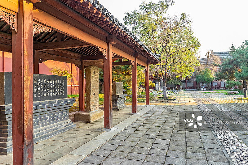 中国山东泰安著名景点泰山旅行旅游目的，泰山第一行宫岱庙，皇家园林里的石碑，户外白昼无人图像摄影图片素材