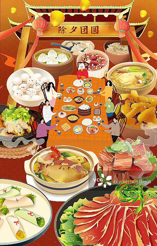 2023传统年俗大年三十年夜饭 家庭聚餐图片素材