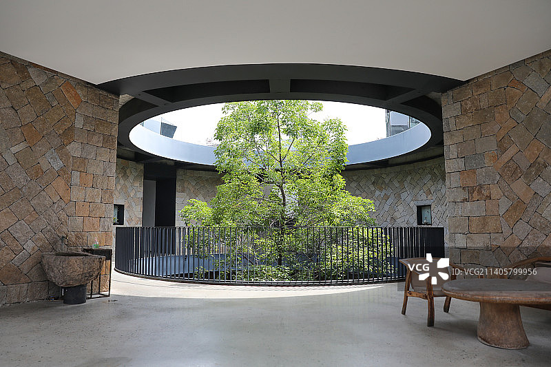 圆形天井庭院水庭中间种树图片素材