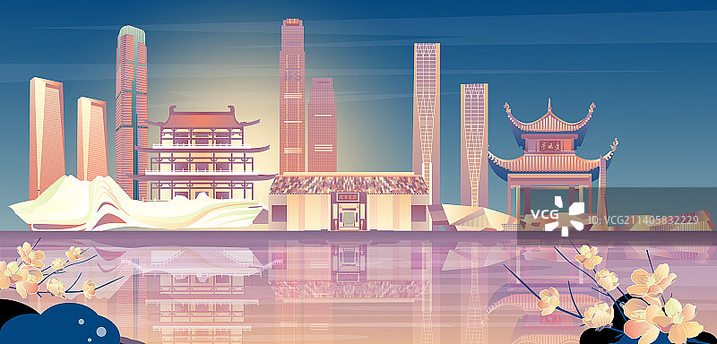 长沙地标建筑群矢量插画夜景图片素材