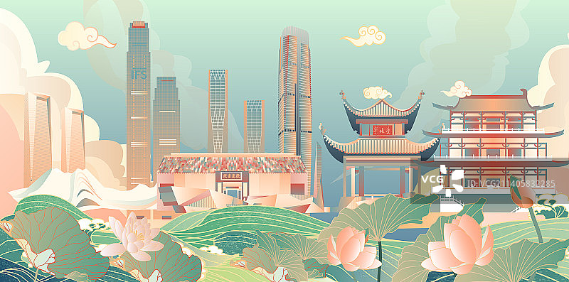 长沙地标建筑群矢量插画荷塘版图片素材