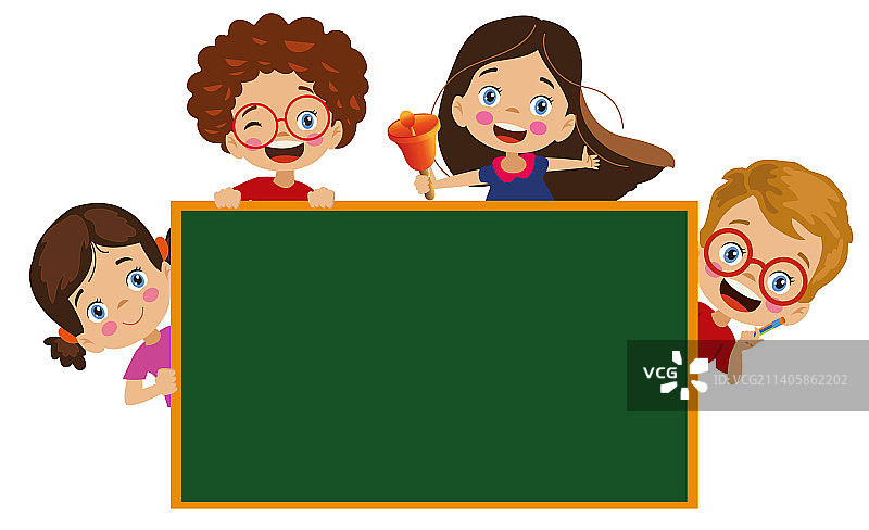 可爱快乐的孩子们围绕着教室的课程板图片素材