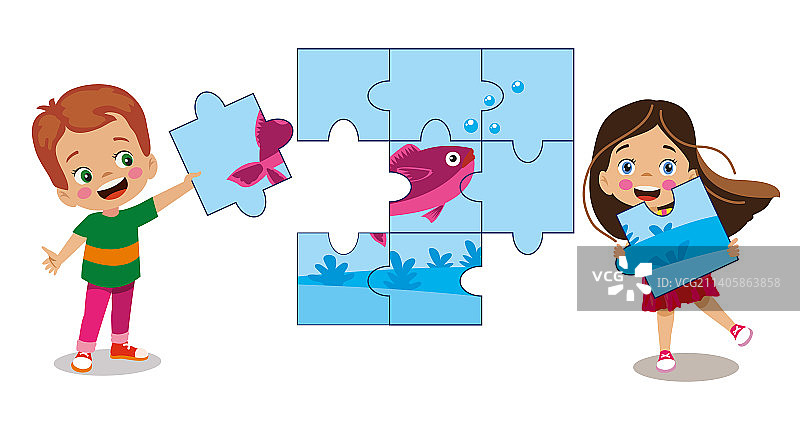 聪明可爱的孩子们试图完成拼图图片素材