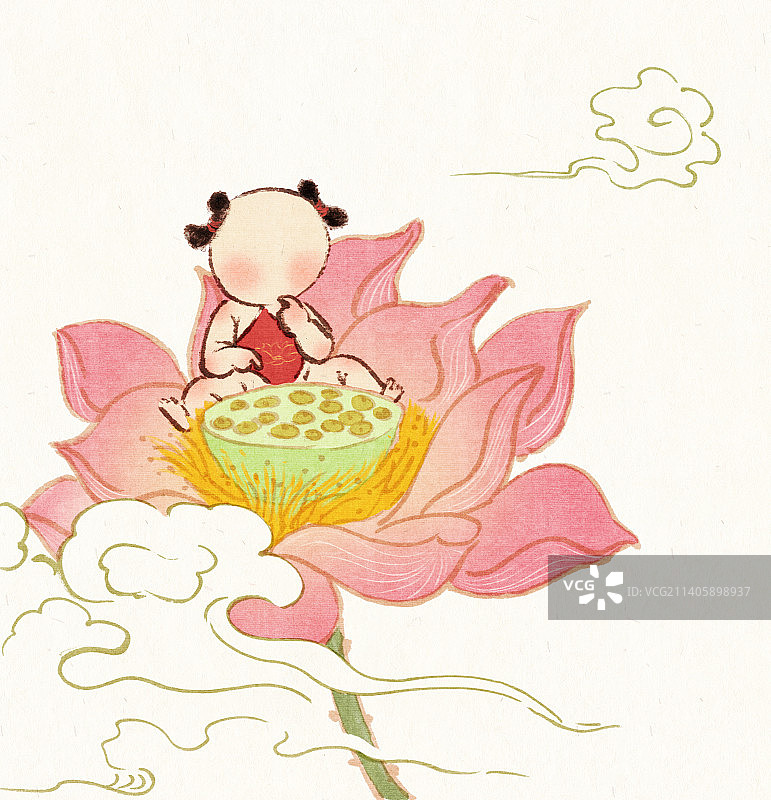 坐在莲花上的儿童神话传说配图插画图片素材
