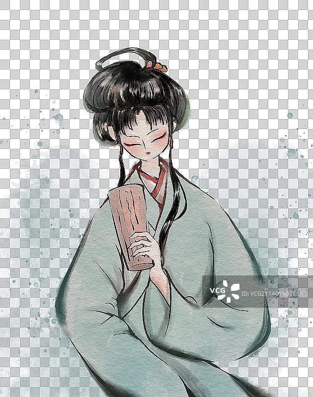 水墨风古装美人免扣手绘插画图片素材