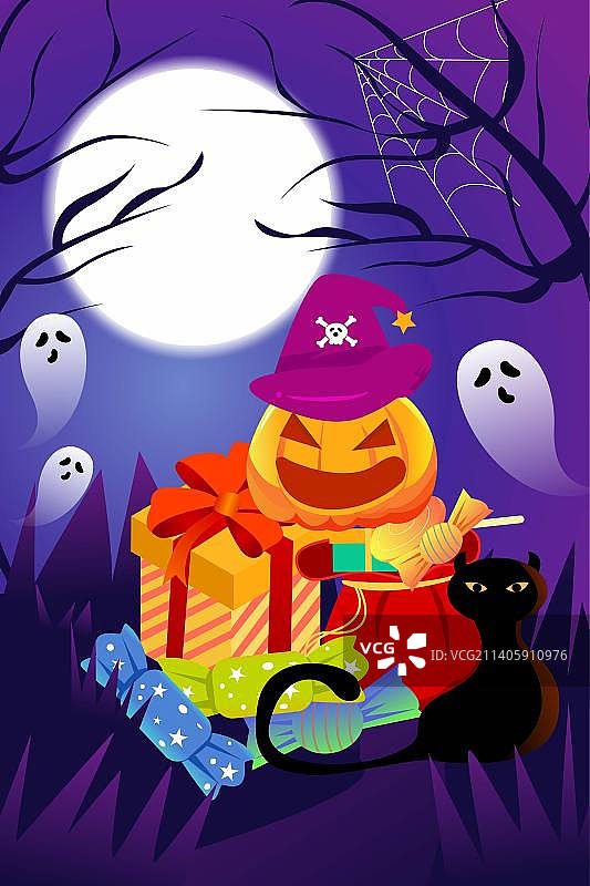 卡通西方节日万圣节万圣夜促销电商活动购物节装扮魔女搞怪糖果捣蛋开心消费素材背景扁平矢量插画横图图片素材