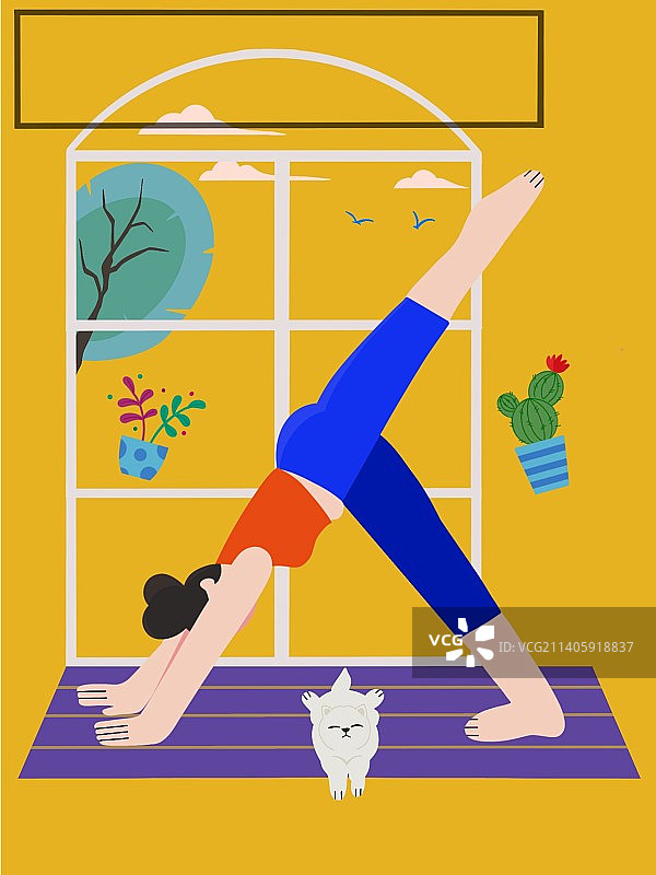 情绪日记运动海报一个女孩瑜伽扁平风插画有留白图片素材