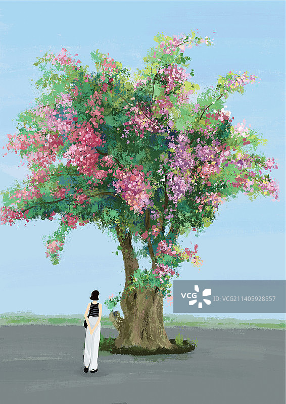 树下紫薇花花开女生图片素材