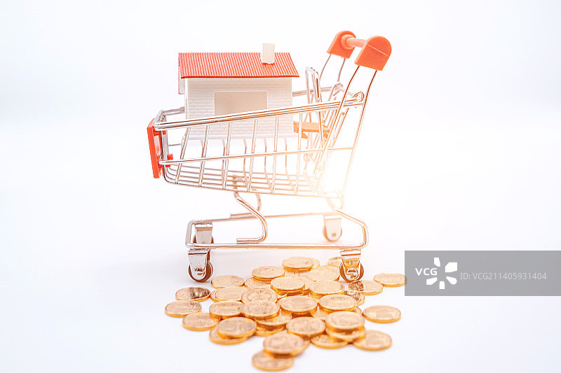 购物车上的房子模型，买房概念图片素材