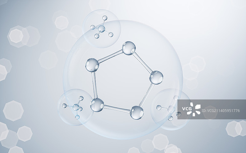 透明分子与蓝色背景3D渲染图片素材