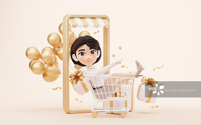 卡通女孩与购物主题3D渲染图片素材