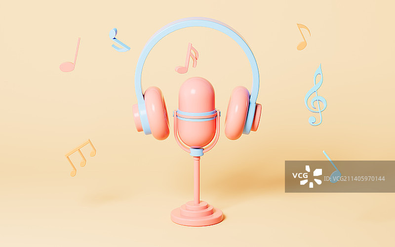 卡通风格的耳机和麦克风3D渲染图片素材